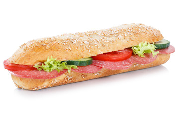 Brötchen Sandwich Vollkorn Baguette belegt mit Salami freigestellt Freisteller