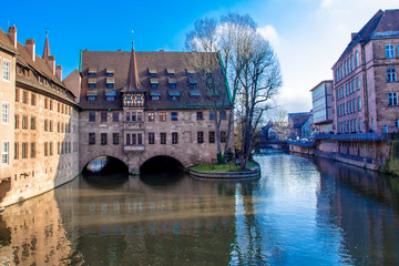 Fototapeta premium View of the Heilig-Geist-Spital (Hospice of the Holy Spirit) in the old Town of Nuremberg, Germany.