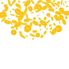American dollar coins falling. Scattered disorderly USD coins on white background. Noteworthy top semicircle square vector illustration. Jackpot or success concept.