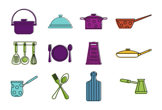 Kitchen tool icon set, color outline style
