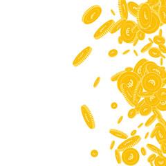 European Union Euro coins falling. Scattered floating EUR coins on white background. Surprising scatter right gradient vector illustration. Jackpot or success concept.
