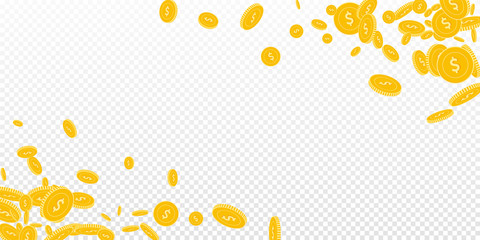 American dollar coins falling. Scattered floating USD coins on transparent background. Lively wide corners vector illustration. Jackpot or success concept.