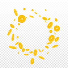 Chinese yuan coins falling. Scattered disorderly CNY coins on transparent background. Exotic round scattered frame vector illustration. Jackpot or success concept.