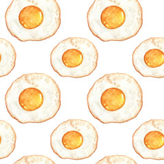 Watercolor seamless pattern with Fried eggs for breakfast on white background.