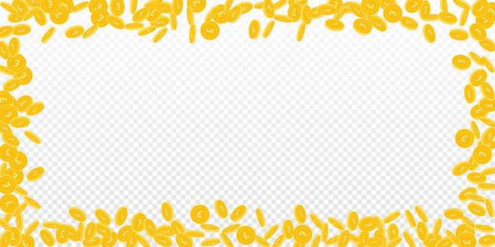 British pound coins falling. Scattered small GBP coins on transparent background. Original wide scattered frame vector illustration. Jackpot or success concept.
