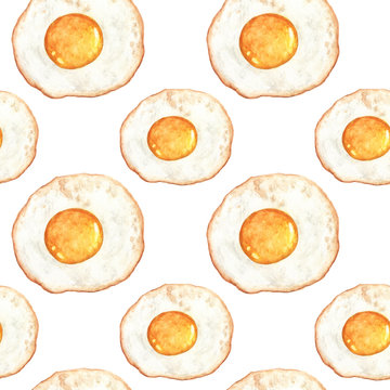 Watercolor seamless pattern with Fried eggs for breakfast on white background.