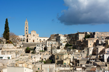 Horizontal View of the City of Matera on Blue Sky Background. Matera, South Of Italy