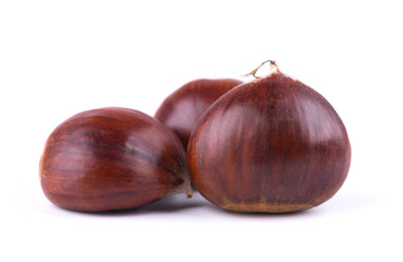 Fresh chestnuts with peeled roasted chestnut isolated on white background. Hippocastanum isolated. Isolated chestnut set