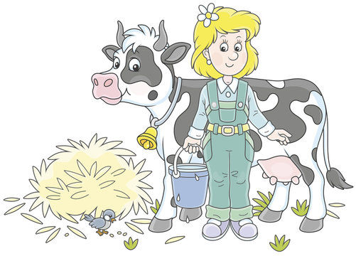 recommend clip art: Friendly smiling cute milkmaid holding a bucket full of milk and standing near her cow after milking, a vector illustration in a cartoon style
