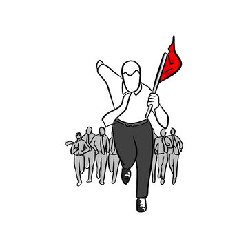 businessman running with his team holding red flag vector illustration sketch hand drawn with black lines isolated on white background