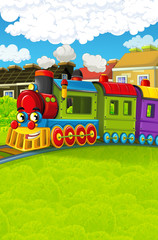 Cartoon funny looking steam train going through the city - illustration for children