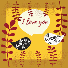 I Love you vector card illustration with birds and leaves in Black, white, red and gold colors palette