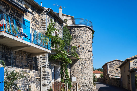 The stone buildings in the medieval town of Mirabel in France.
