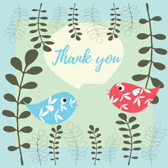 Thank you vector card illustration with birds and leaves in green, white, red, blue and yellow colors palette