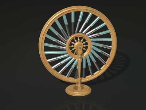 Bhaskara`s wheel. Perpetual motion machine. Perpetuum mobile. Physics. 3D illustration.