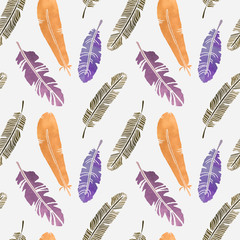 Hand painted watercolor seamless pattern with feathers