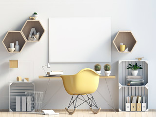 Modern  interior in the style scandinavian, a place for study. 3D illustration. poster mock up
