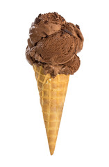 Chocolate ice cream with chocolate chips in waffle cone isolated on white