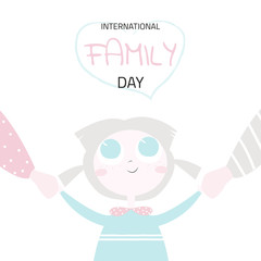 International family day banner with cute cartoon girl. Vector hand drawn illustration.