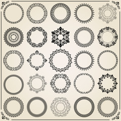 Vintage set of round elements. Different elements for decoration and design frames, cards, menus, backgrounds and monograms. Classic patterns. Set of vintage patterns