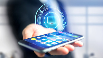 Businessman using a Shinny technologic computer button on a smartphone - 3d render