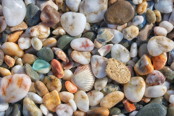 Pebbles on the beach close-up view from above.
