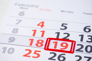 Forgiveness Sunday and Presidents Day in the United States. February 19 mark on the calendar, close-up