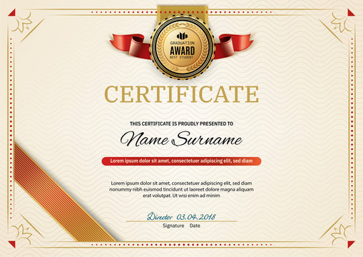 Official retro certificate with red gold design elements. Red ribbon and gold emblem. Vintage modern blank