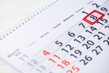 International Womens Day, The DJ World Day. 8 March mark on the calendar, close-up