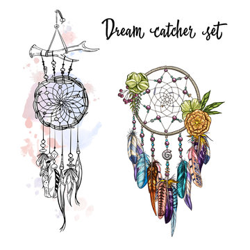Set of hand drawn dream catchers. Feathers, beads and flowers. Vector illustration.