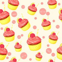 Colorful seamless pattern with tasty lemon cupcake with pink cream and raspberry in cartoon style. Vector illustration. Desserts Collection.