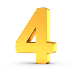 The number four as a polished golden object with clipping path