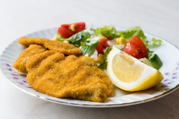 Fried Crispy Sardine Fish Plate with Salad and Lemon / Seafood Sardalya
