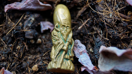 Metal figurine of Buddha on earth