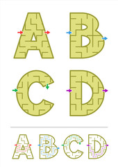 Simple alphabet maze games for kids - letters A, B, C, D. Answers included.   © ratselmeister