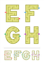Simple alphabet maze games for kids - letters E, F, G, H. Answers included.
