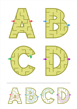 Simple alphabet maze games for kids - letters A, B, C, D. Answers included.
