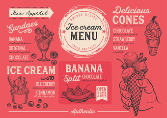 Ice cream restaurant menu. Vector dessert food flyer for bar and cafe. Design template with vintage hand-drawn illustrations.