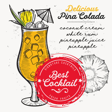 Cocktail pina colada for bar menu. Vector drink flyer for restaurant and cafe. Design poster with vintage hand-drawn illustrations.