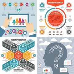 Business infographic templates concept vector illustration. Abstract banner set. Advertising promotion layout collection for presentation. Human head & hands. Tablet computer. Graphic design elements.