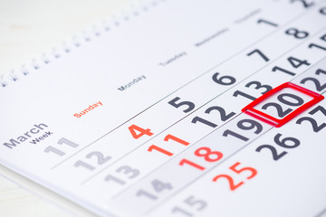 Earth Day. 20 March mark on the calendar, close-up