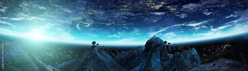 Wall mural panoramic view of planet earth with asteroids flying close 3d rendering elements of this image furni