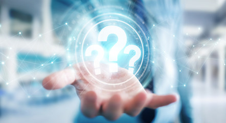 Businessman using question marks digital interface 3D rendering