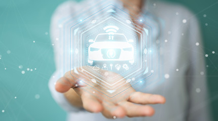 Businesswoman using modern smart car interface 3D rendering