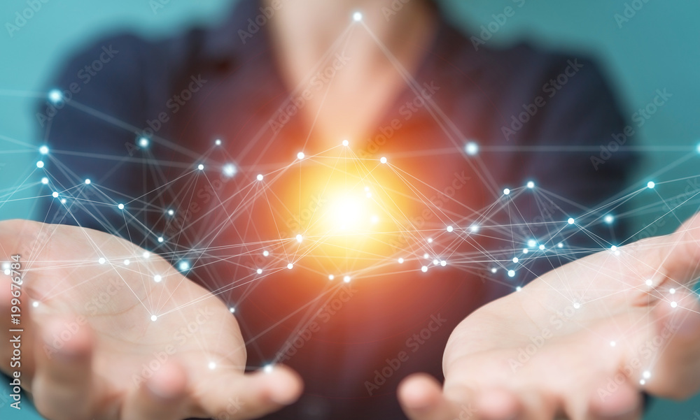 Aufkleber businesswoman using flying network connection 3d rendering