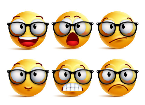 Smiley face vector set of yellow nerd emoticons with eyeglasses and funny facial expressions isolated in white background. Vector illustration.
