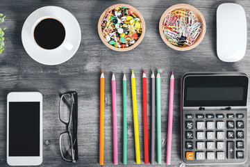 Aged wooden tabletop with items