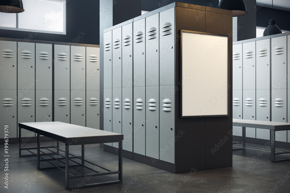 Poster modern locker room with empty billboard