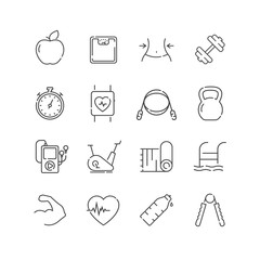 Set of fitness and gym line icons.