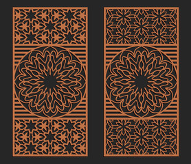 Laser cutting set. Wall or window panels. Jigsaw die cut ornaments. Lacy cutout silhouette stencils. Fretwork floral patterns. Vector template for paper cutting, metal and woodcut.